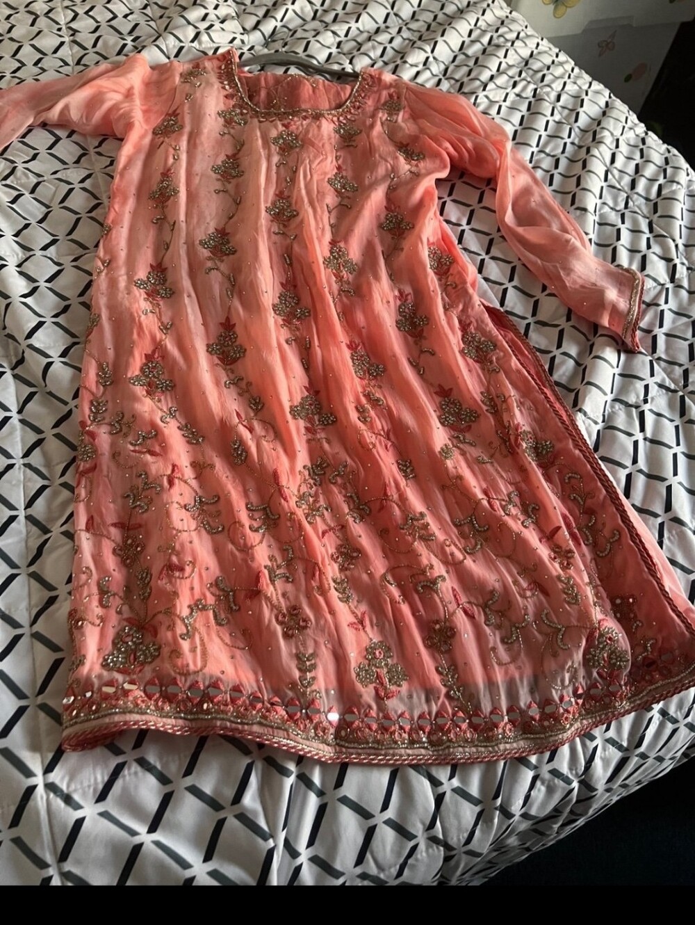 Rhinestone And Mirror Work Coral Salwar Shalwar Kameez
